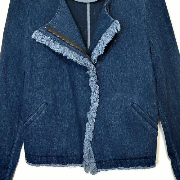 AG Adriano Goldschmied Blue Denim Zip Front Jacket Frayed Trim Casual Chic M - Picture 4 of 16